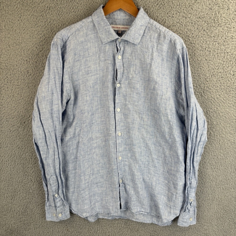 Orlebar Brown Button Shirt Mens XL Light Blue 100% Linen Long Sleeve